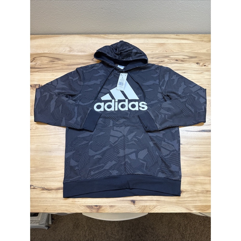 Adidas Men's Black AOP Geometric Graphic Logo Pullover Hoodie Size Large